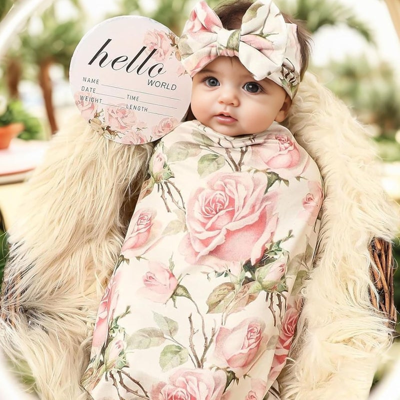 Galabloomer Newborn Receiving Blanket Headband Set Baby Flower Swaddle (vintage flower) - Image 2